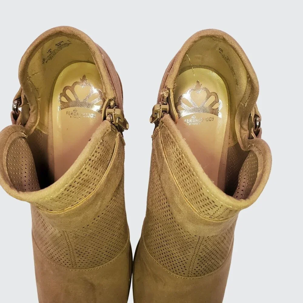 Fergalicious Augustine Open Toe Ankle Booties Side Zipper Entry Tan Size 38 - Picture 9 of 11